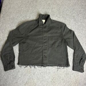 HM Divided Black Denim Jacket Cropped Raw Hem Button Up Shacket Womens Medium